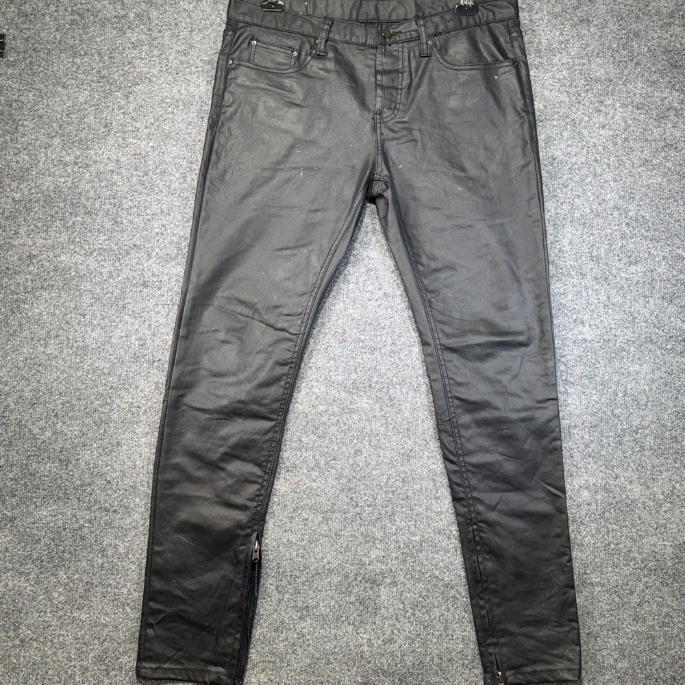 mnml Waxed Denim Jeans Mens 34 Black Ankle Zip Coated Tapered Streetwear